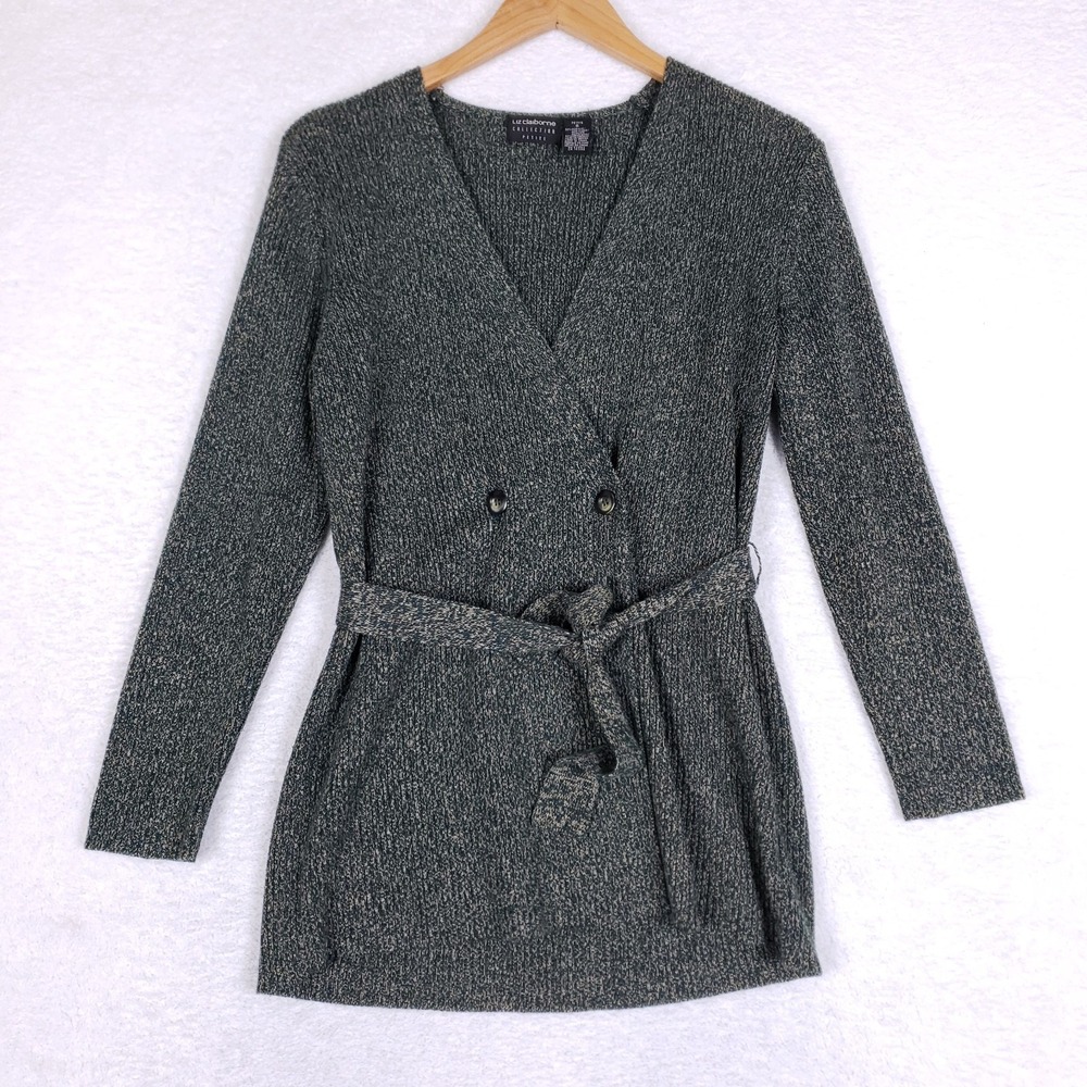 Liz Claiborne Petite S Merino Wool Knit Cardigan Sweater Jacket Belted Gray Gree